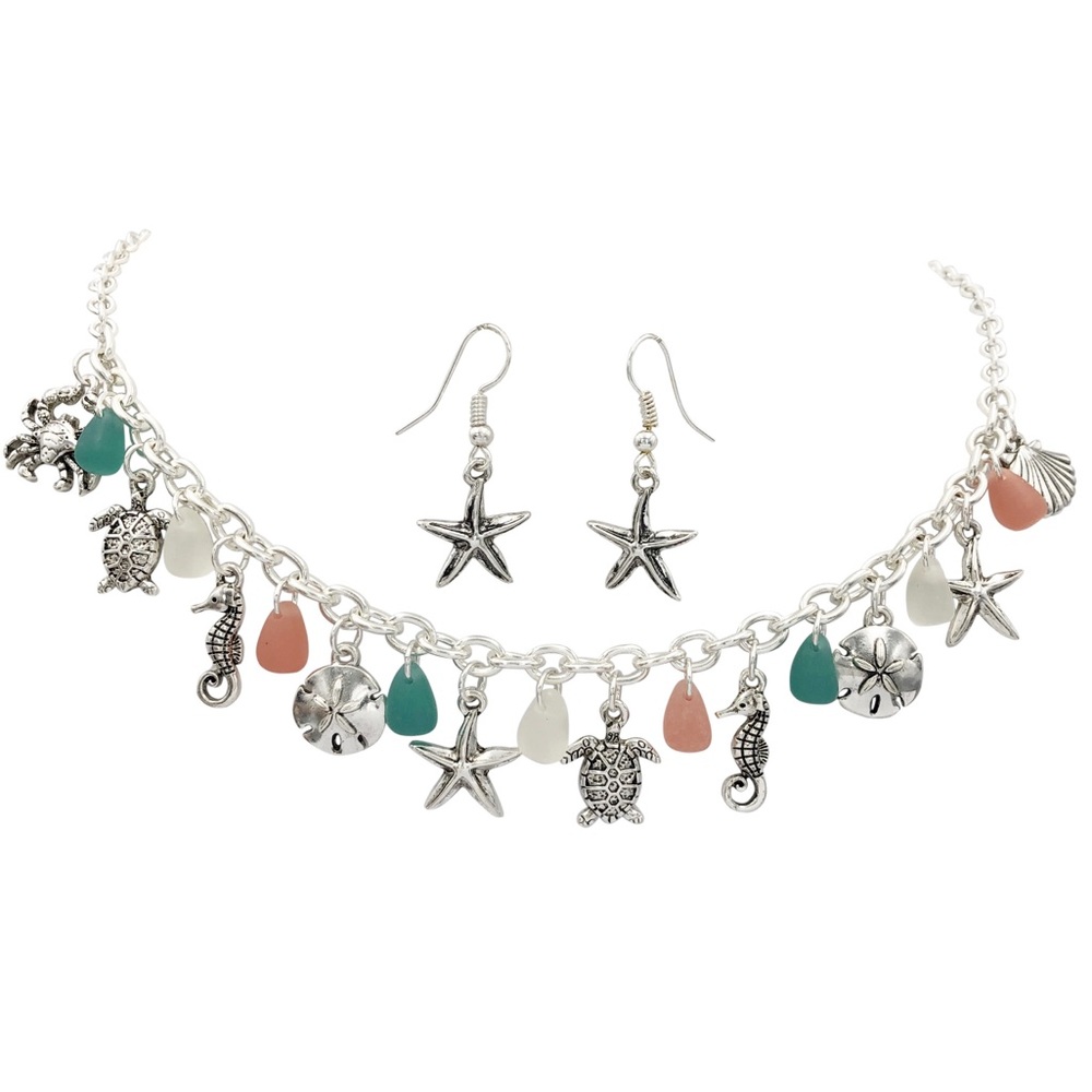 Mixed Sea Life Charm Bead Necklace Earrings Set